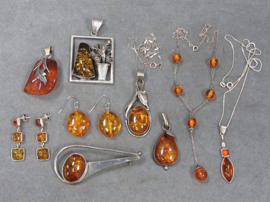 LOT (9) STERLING AND AMBER PENDANTS, NECKLACES (1 of 5)