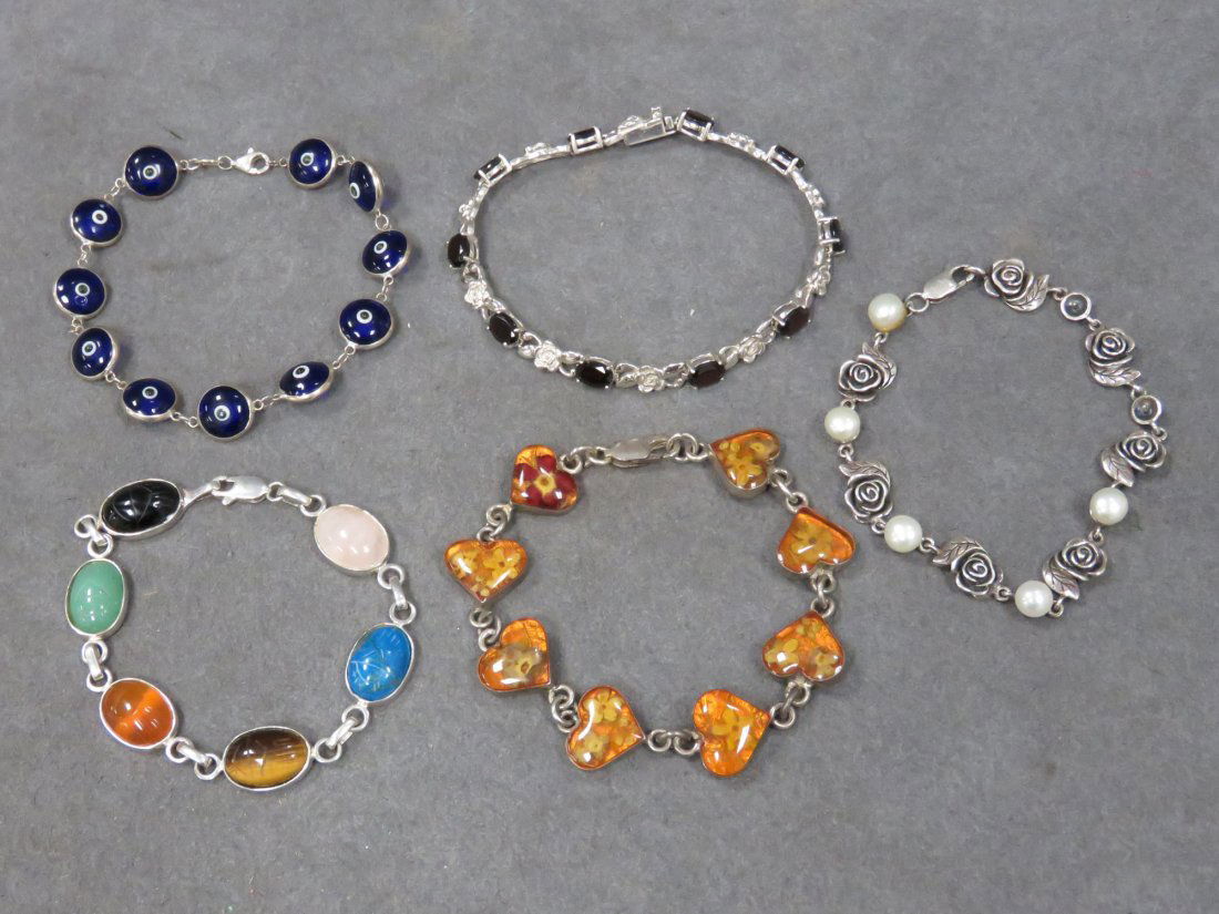 LOT (5) STERLING BRACELETS INCLUDING GARNETS (1 of 6)
