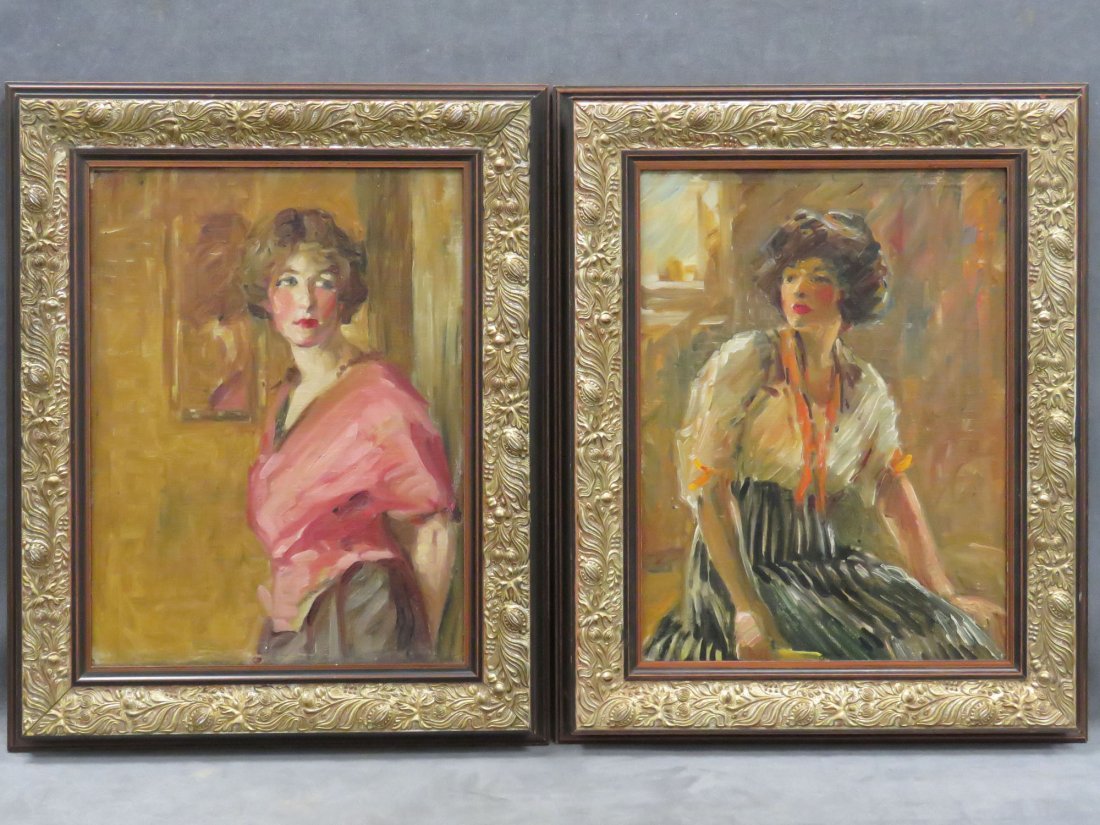 AMERICAN SCHOOL (20TH CENTURY), PAIR OIL ON CANVAS: AMERICAN SCHOOL (20TH CENTURY), PAIR OIL ON CANVAS BOARD, STUDIES OF EDWARDIAN WOMEN. 16 1/2 X 12 1/2"; FRAMED 21 X 17"