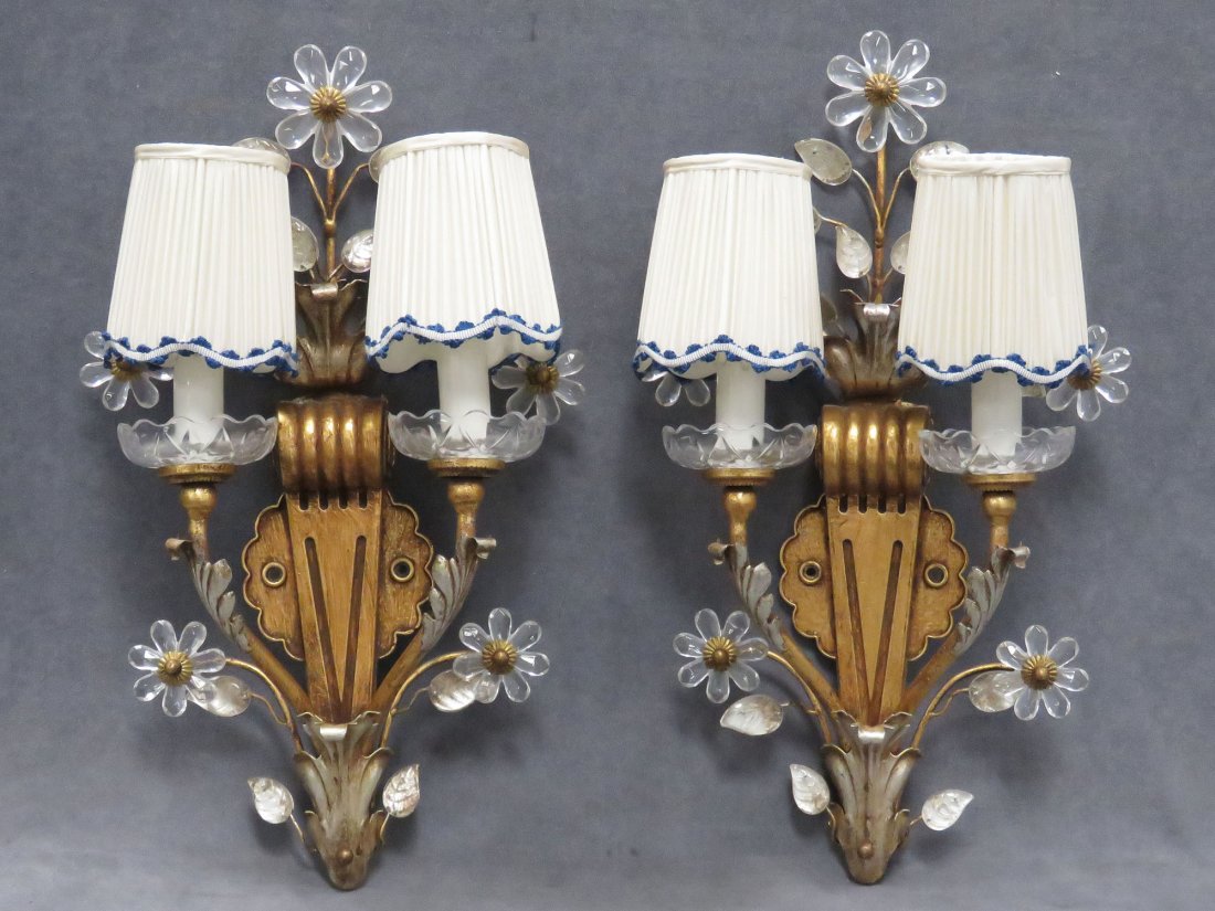 PAIR FRENCH STYLE GILT BRASS DOUBLE-ARM SCONCES (1 of 7)