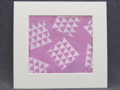 ATTRIBUTED TO LIUBOV POPOVA, GOUACHE: ATTRIBUTED TO LIUBOV POPOVA (RUSSIAN FEDERATION 1884-1924), GOUACHE ON PAPER, UNTITLED TEXTILE DESIGN, SIGNED. SIGHT 8 X 9"