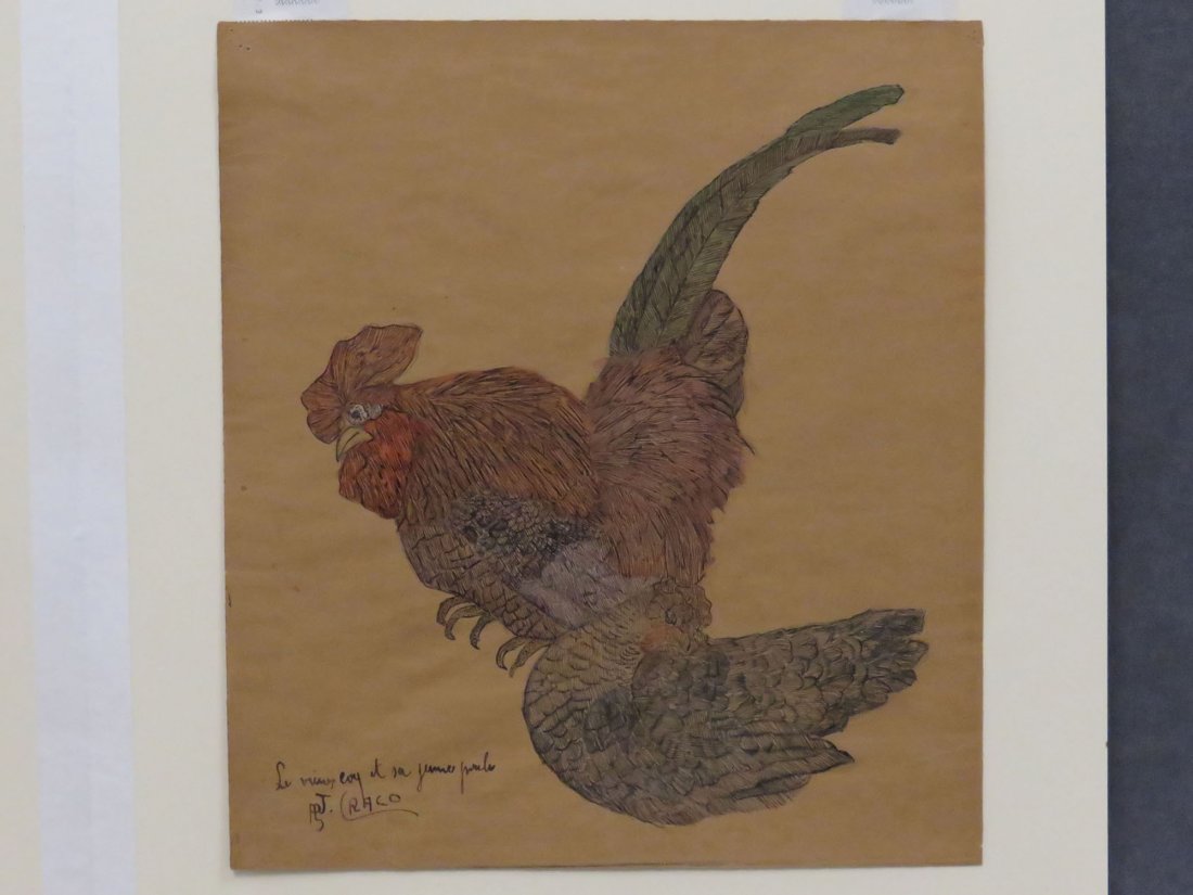 ARTHUR CRACO (BELGIAN 1869-1955), INK AND WASH: ARTHUR CRACO (BELGIAN 1869-1955), INK AND WASH, "LE VIEUX COQ ET SA JEUNE POULE", SIGNED AND TITLED 1893. SHEET 13 1/4 X 11 3/4"