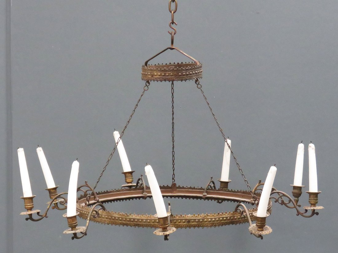 VINTAGE BRASS 9-ARM CANDLE CHANDELIER: VINTAGE BRASS 9-ARM CANDLE CHANDELIER. DIAMETER 30"