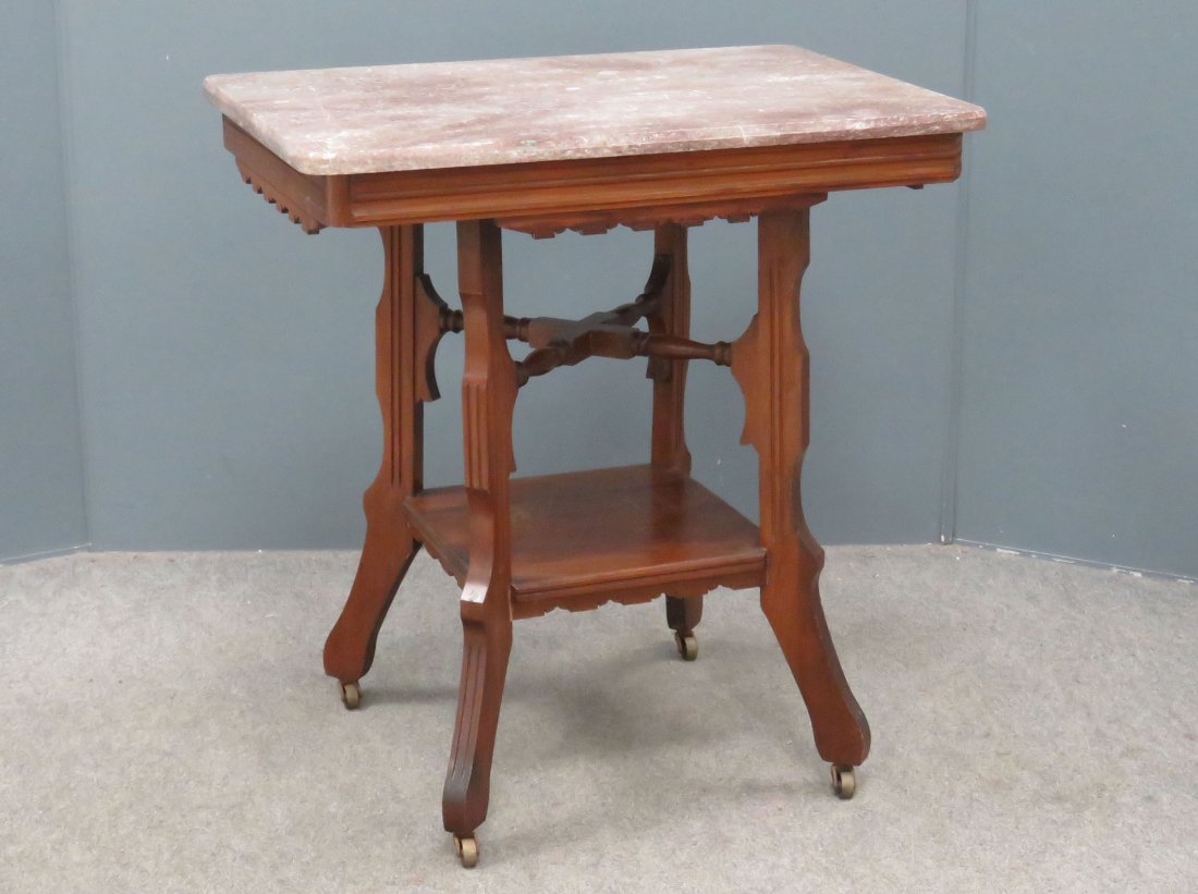 AESTHETIC CARVED WALNUT MARBLE-TOP STAND (1 of 5)