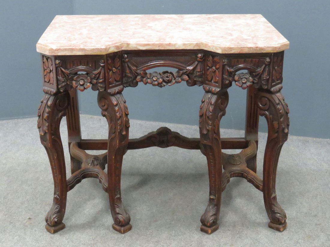REGENCY STYLE CARVED WALNUT MARBLE TOP STAND (1 of 5)