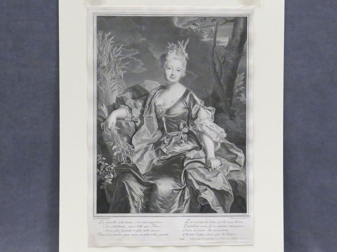 ENGRAVING, AFTER HYACINTHE RIGAUD: ENGRAVING, AFTER HYACINTHE RIGAUD BY PIERRE DREVET, FRENCH COUNTESS, 1728. SHEET 18 3/4 X 12 7/8"