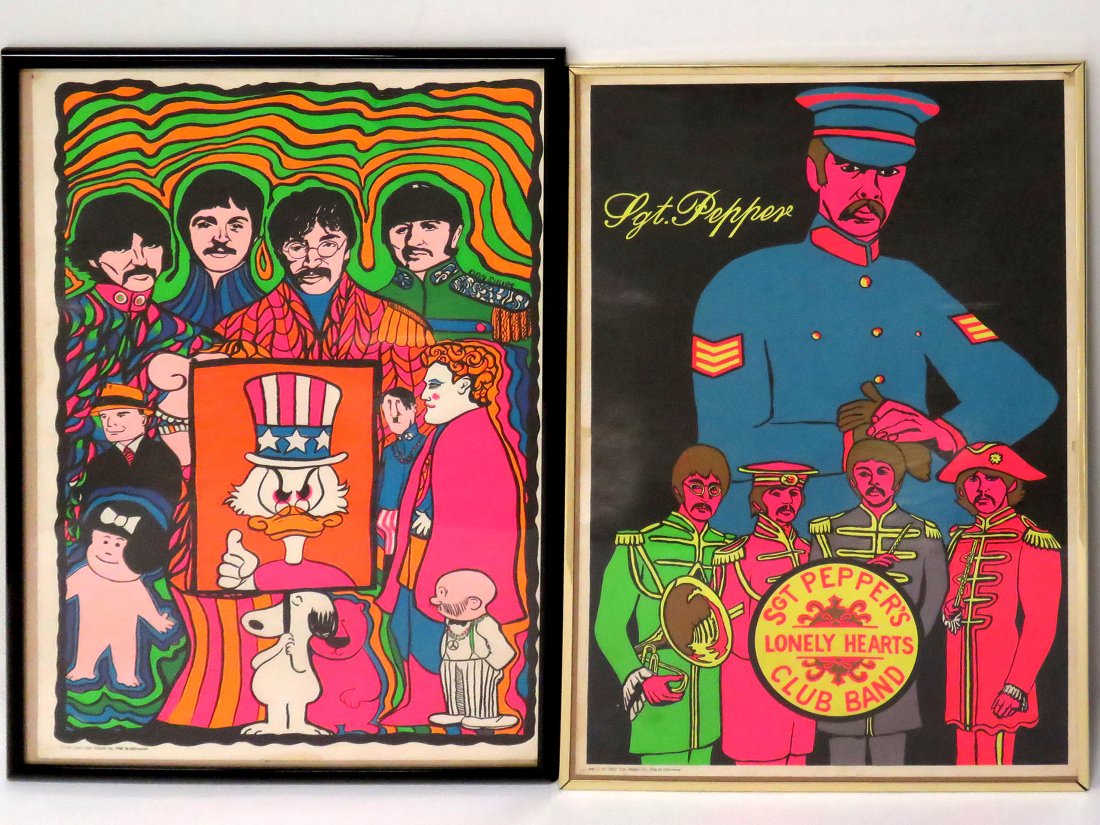 VINTAGE BEATLES (BLACK LIGHT) LITHO POSTERS: LOT (2) VINTAGE BEATLES (BLACK LIGHT) LITHOGRAPHIC POSTERS, DAN SHUPE, 1967, TOBIN IMPORTS, PHILA, PA. 35 X 23"; FRAMED AND GLAZED-36 X 24" (TACK HOLES, TAPE STAINS)