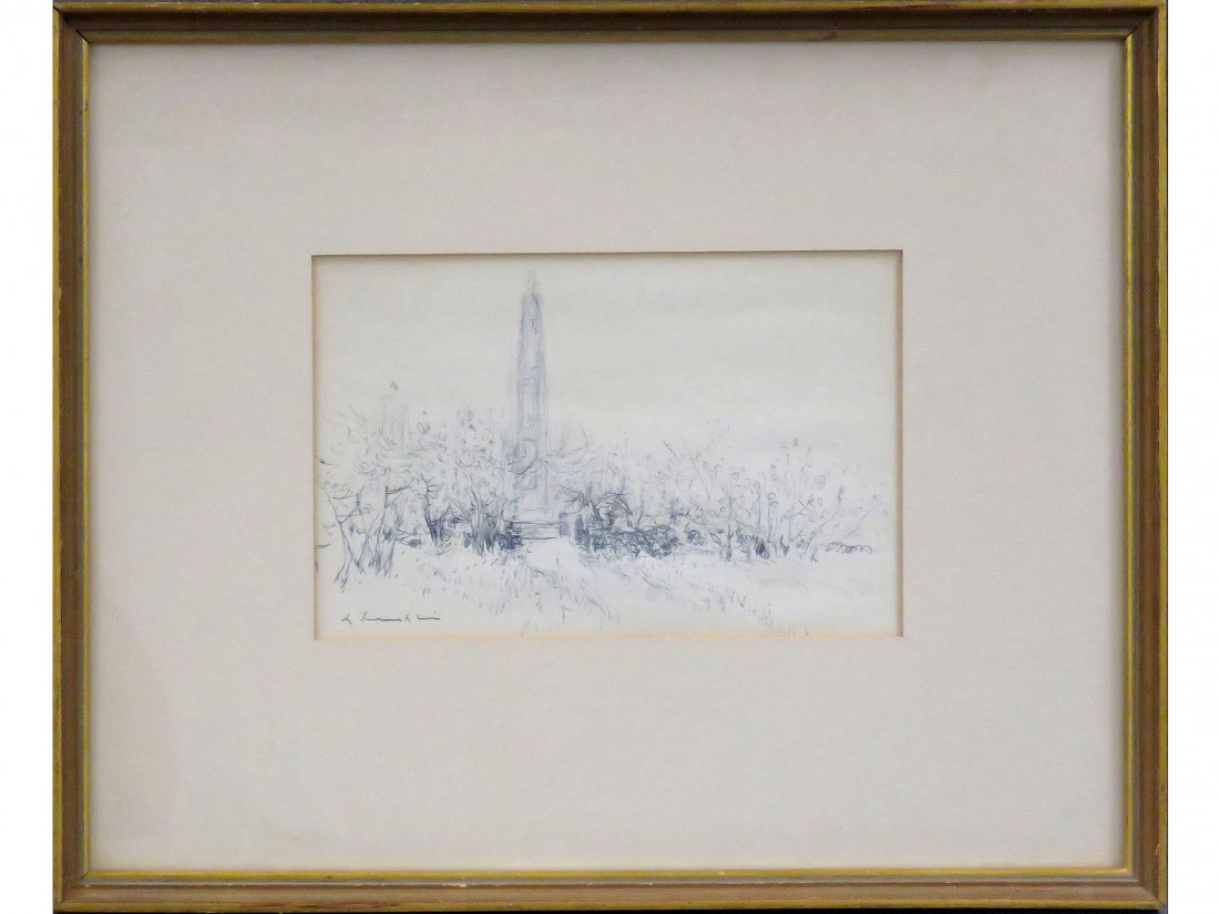 CHEN CHI (CHINESE/AMERICAN 1912-2005), INK: CHEN CHI (CHINESE/AMERICAN 1912-2005), INK, "CLEOPATRA'S NEEDLE, CENTRAL PARK", SIGNED C.1960'S (LABEL VERSO). SIGHT 5 X 7 3/4"; FRAMED AND GLAZED-12 X 15" PROVENANCE: MAX KLEIN COLLECTION, WOODSTOCK,