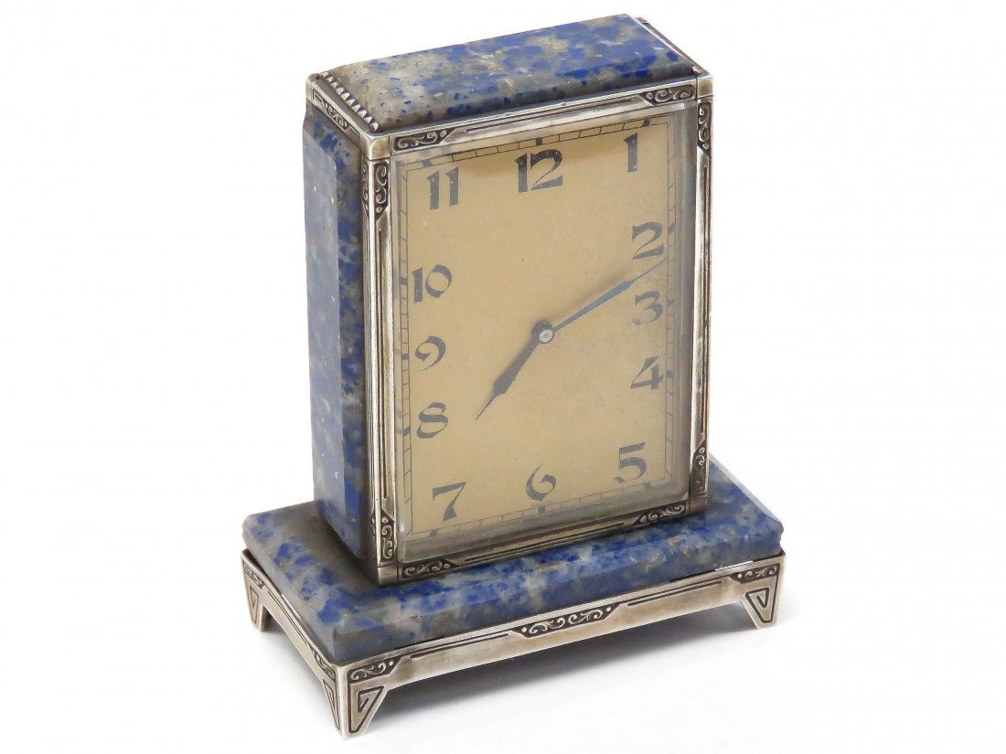 FINE SWISS ART DECO LAPIS LAZULI/SILVERED CLOCK (1 of 6)