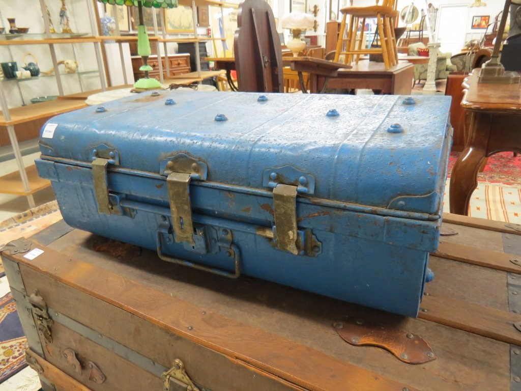 EARLY STEEL TRAVEL TRUNK WITH OLD BLUE PAINT: EARLY STEEL TRAVEL TRUNK WITH OLD BLUE PAINT