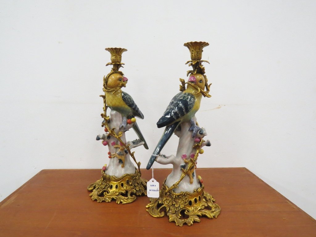 PAIR ORIENTAL DECORATED FIGURAL CANDLESTICKS (1 of 2)