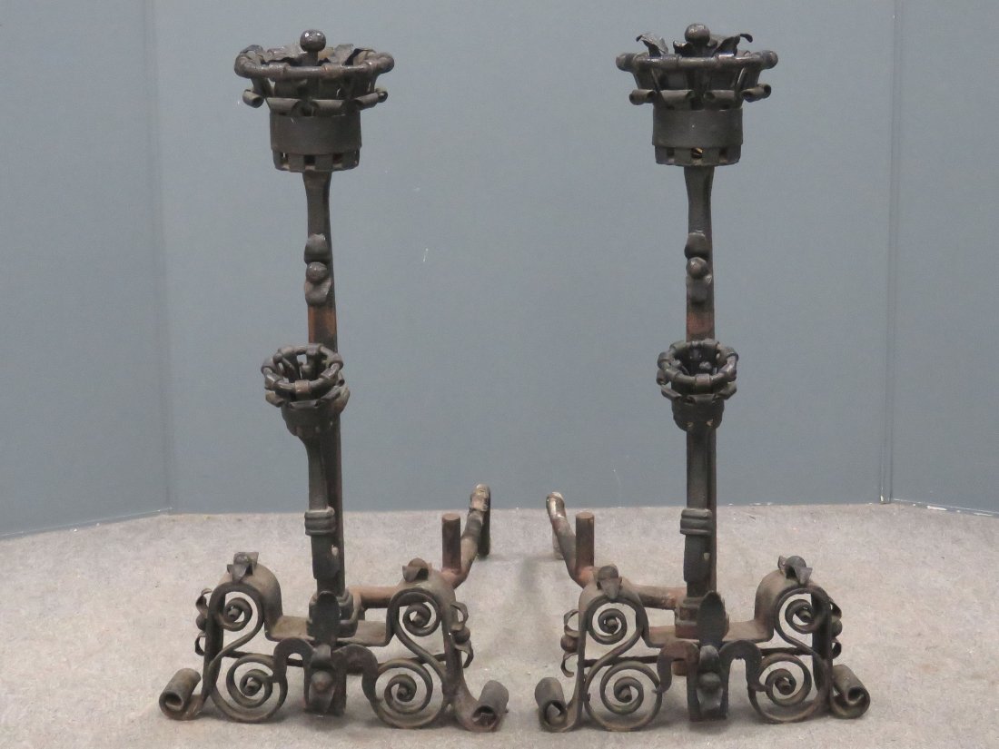 PAIR RENAISSANCE STYLE WROUGHT IRON ANDIRONS (1 of 7)