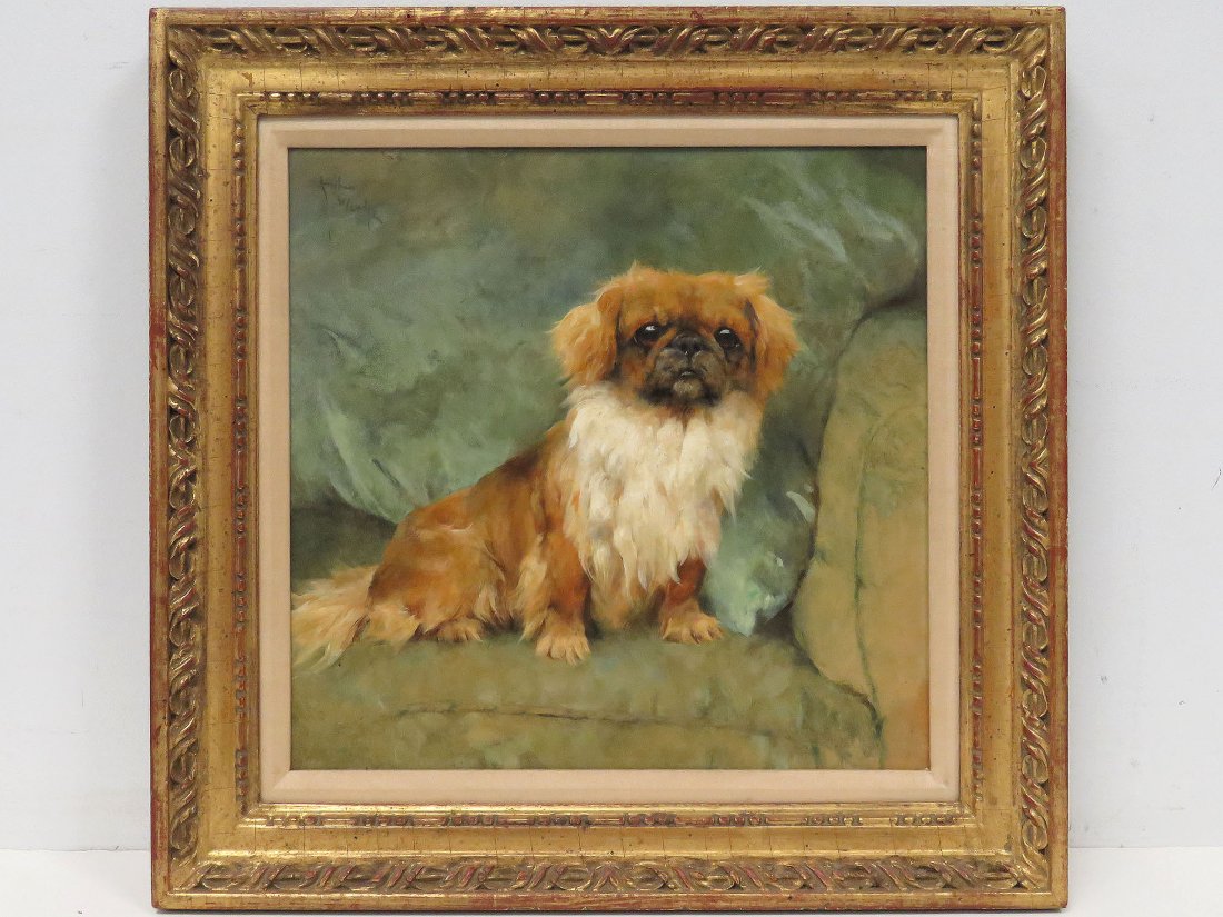 ARTHUR WARDLE (BRITISH 1864-1949), OIL ON BOARD: ARTHUR WARDLE (BRITISH 1864-1949), OIL ON BOARD, PEKINGESE ON BLUE/GREEN CUSHION, SIGNED. 11 1/2 X 11 1/2"; FRAMED 15 1/2 X 15 1/2" PROVENANCE: COLLECTION SASCHA M. ROCKEFELLER, NY, NY; CHRISTIE'S NY,