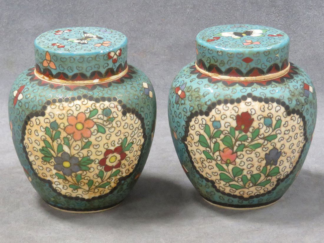PAIR JAPANESE TOTAI (CERAMIC BODY CLOISONNE) JARS (1 of 10)