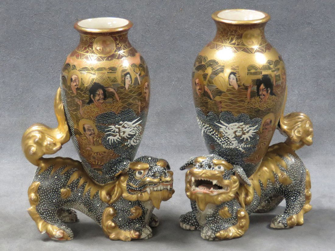 PAIR JAPANESE DECORATED SATSUMA VASES ON FOO DOGS (1 of 6)