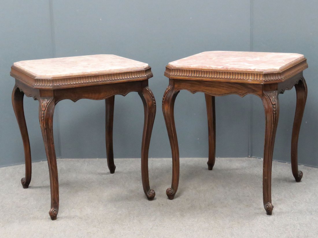 PAIR MAHOGANY MARBLE-TOP LAMP TABLES (1 of 4)