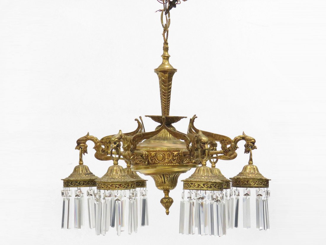RENAISSANCE STYLE GILT BRASS DRAGON CHANDELIER. (1 of 8)