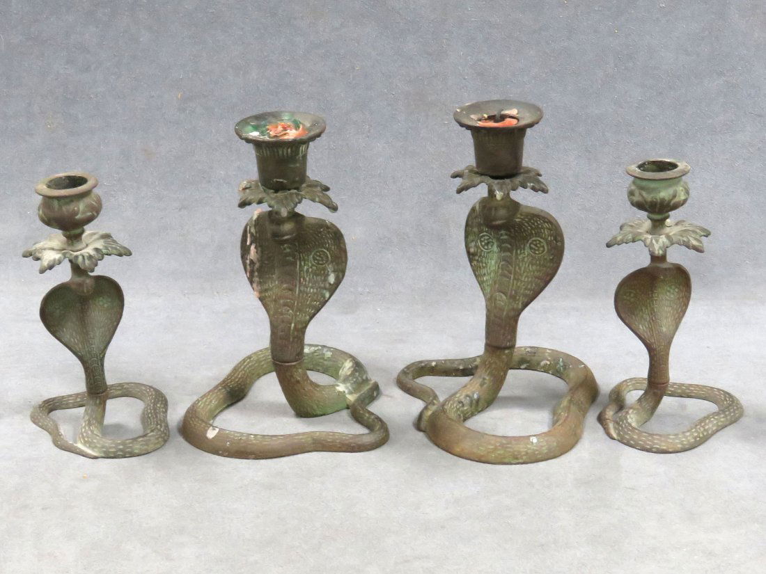 LOT (2) PAIR VINTAGE BRASS COBRA CANDLESTICKS (1 of 5)
