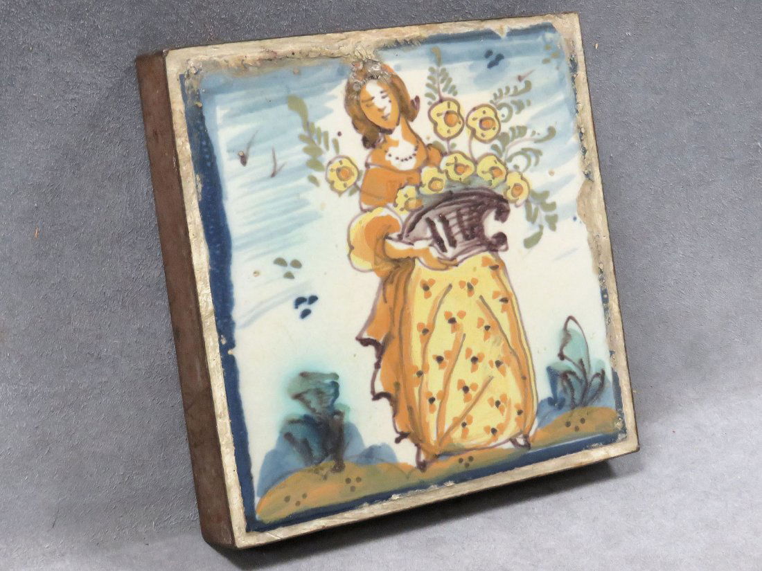 ITALIAN MAJOLICA TILE, WOMAN WITH BASKET OF FLOWER (1 of 4)