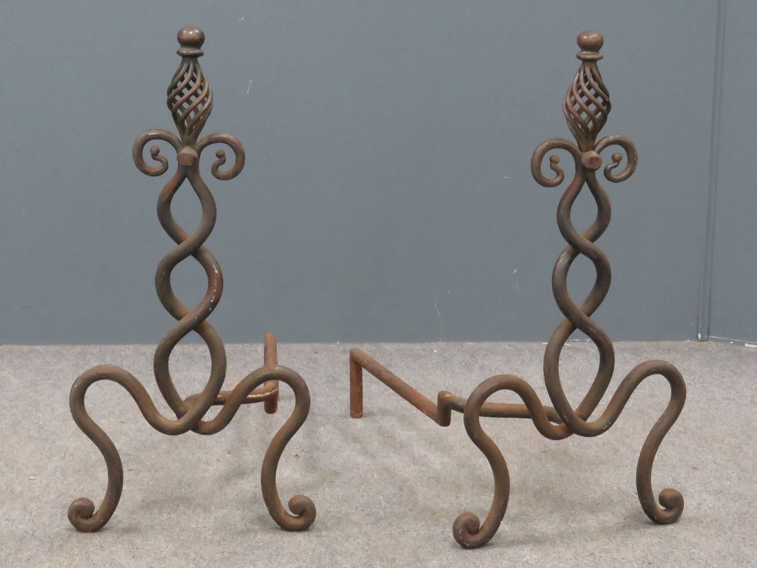 PAIR WROUGHT IRON SWIRL FINIAL ANDIRONS: PAIR WROUGHT IRON SWIRL FINIAL ANDIRONS. HEIGHT 25"