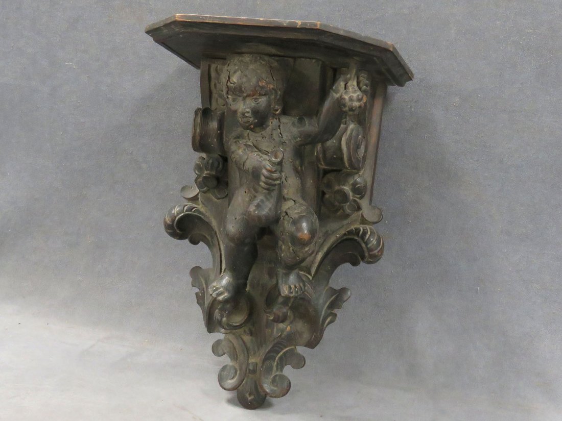 RENAISSANCE STYLE CARVED OAK FIGURAL WALL SHELF (1 of 5)