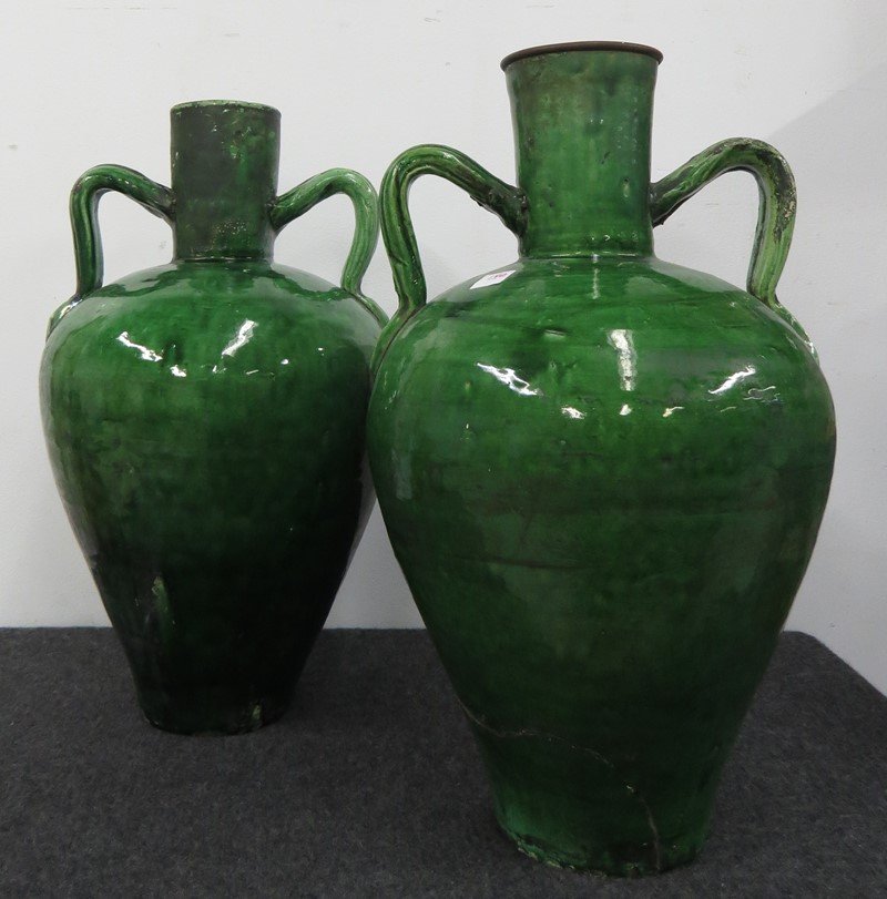 PAIR ITALIAN GLAZED CERAMIC DOUBLE-HANDLE VESSELS (1 of 4)