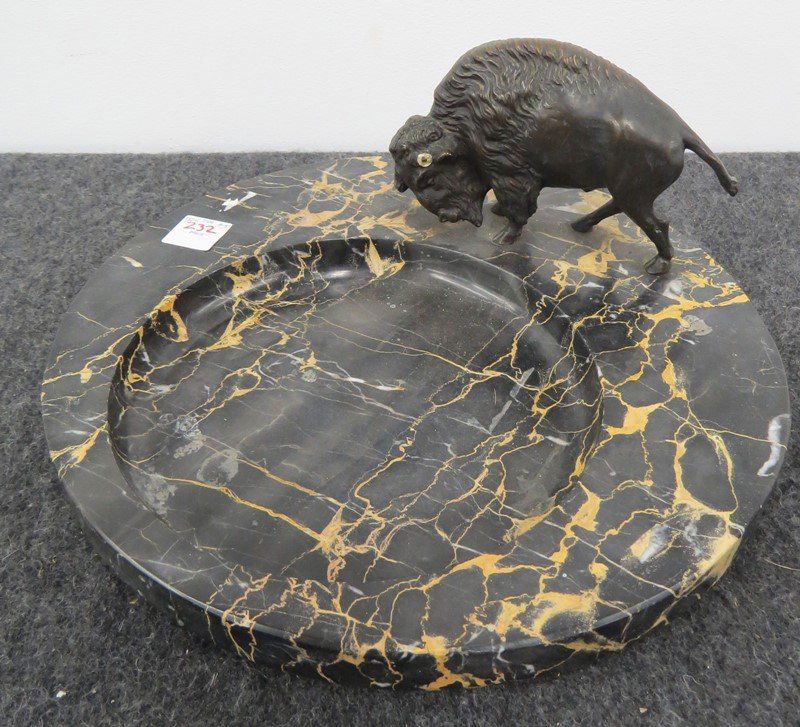 BRONZE BUFFALO MOUNTED ON MARBLE SMOKING TRAY (1 of 2)
