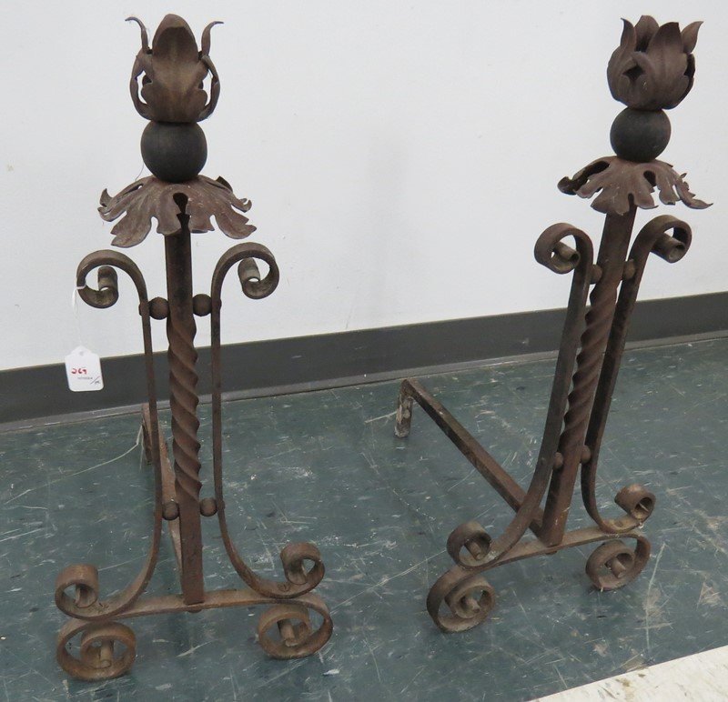 PAIR RENAISSANCE STYLE WROUGHT IRON ANDIRONS (1 of 1)