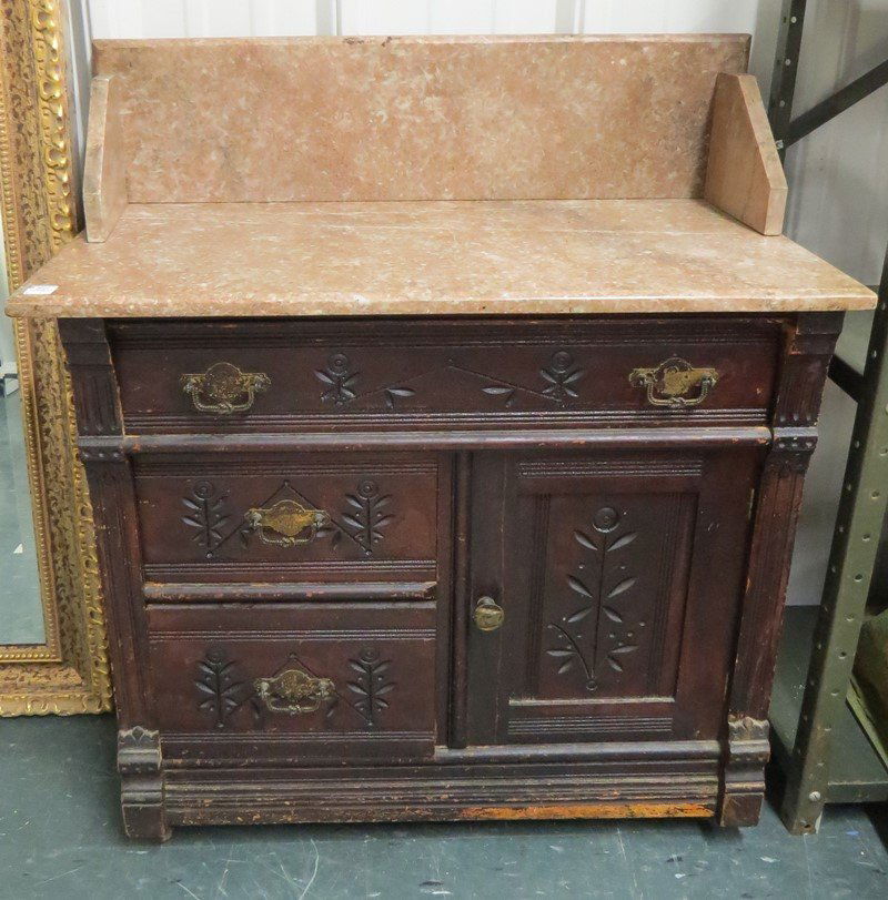 VICTORIAN CARVED WALNUT MARBLE-TOP WASH STAND (1 of 2)