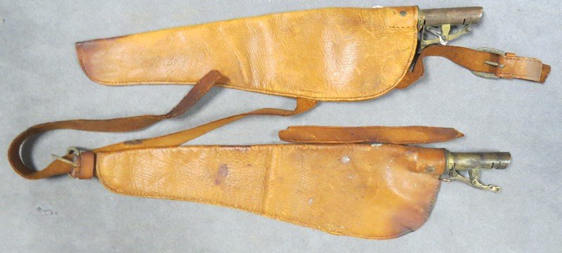 LOT (2) LEATHER, BRASS SHOT, AND POWDER FLASKS : LOT (2) LEATHER, BRASS SHOT, AND POWDER FLASKS, 19TH CENTURY