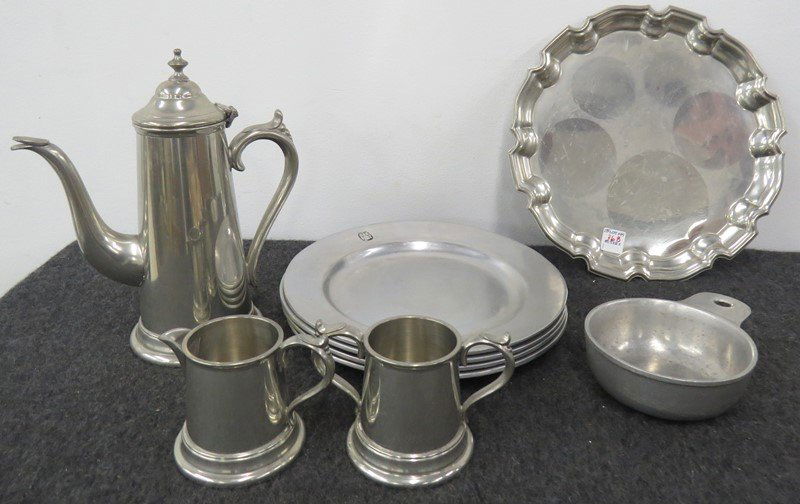 LOT INCLUDING ASSORTED PEWTER TEA SET AND PLATES (1 of 1)