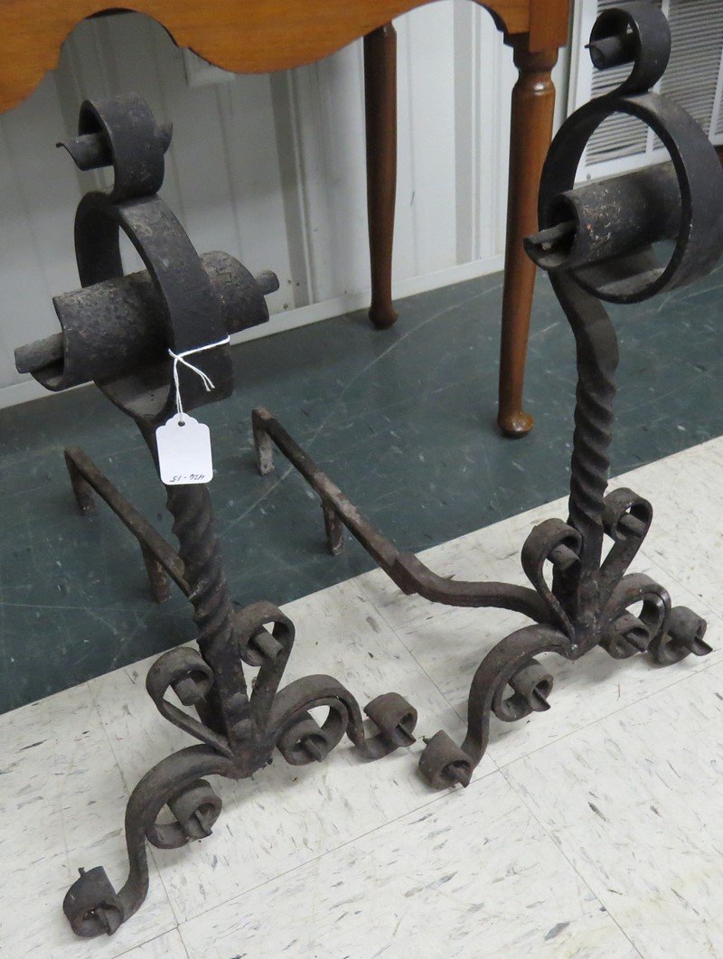 PAIR RENAISSANCE STYLE WROUGHT IRON ANDIRONS (1 of 3)