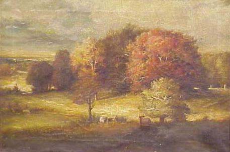 OIL ON CANVAS, AUTUMN LANDSCAPE WITH COWS: OIL ON CANVAS, AUTUMN LANDSCAPE WITH COWS, MANNER OF GEORGE INNESS (SIGNED). 18 X 26" **DUE TO THE SIZE AND/OR FRAGILITY OF THIS LOT, STANDARD IN-HOUSE SHIPPING IS NOT AVAILABLE. PLEASE CONTACT THE GA