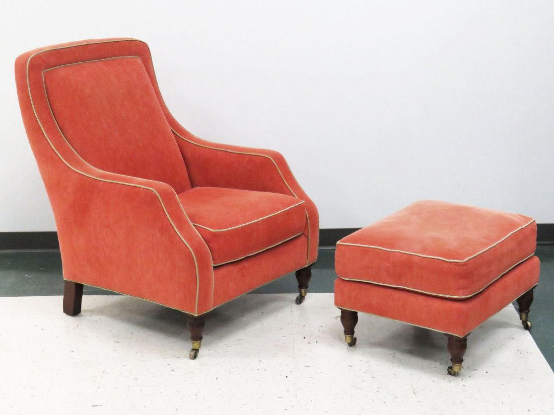 REGENCY STYLE UPHOLSTERED ARMCHAIR AND OTTOMAN (1 of 3)