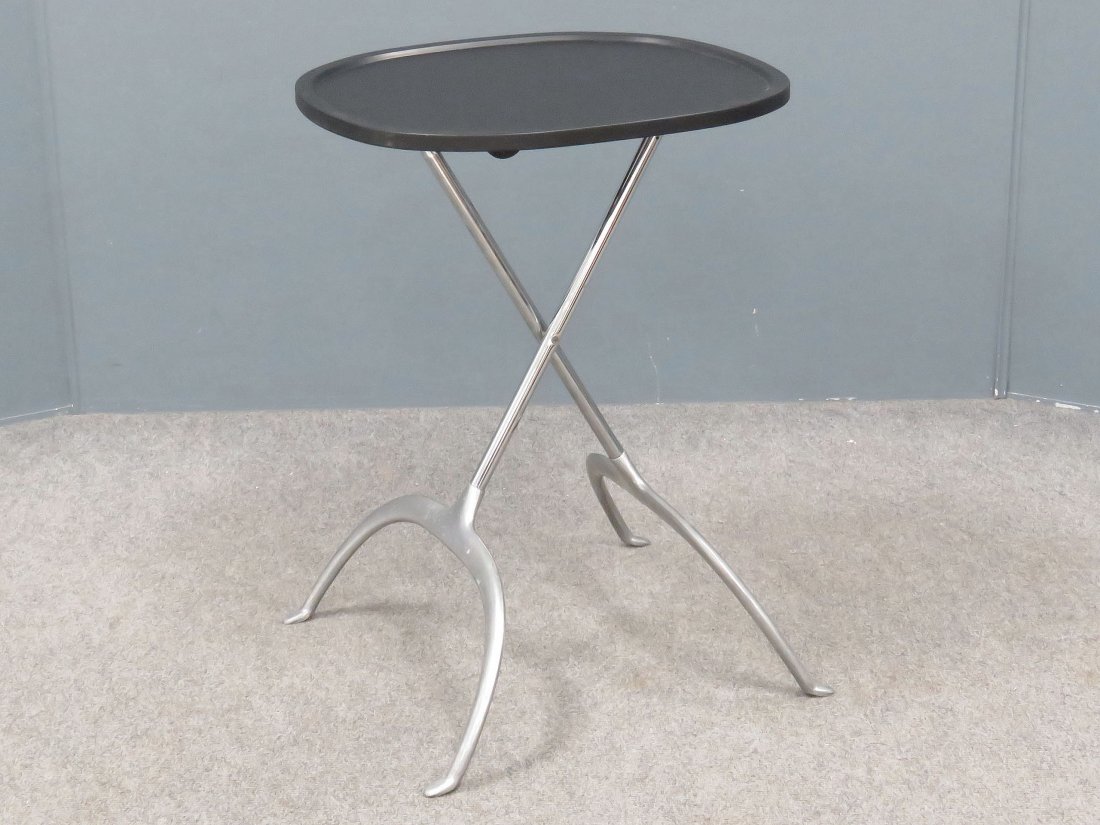 CITTERIO FOR KARTELL, ITALY, STAND: CITTERIO FOR KARTELL, ITALY, ALUMINUM AND VINYL FOLDING STAND. HEIGHT 23"; TOP 15 X 17 1/2"
