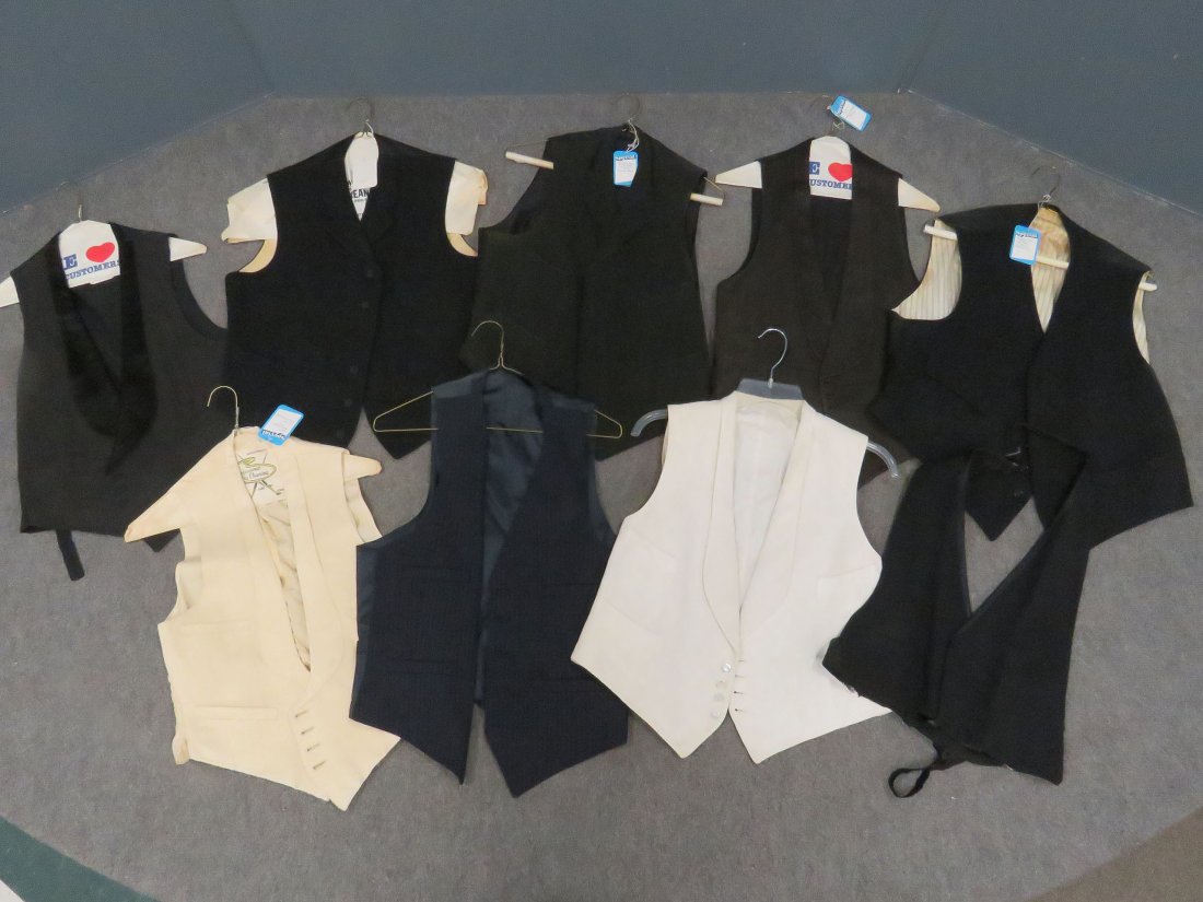 LOT (9) VINTAGE TUXEDO VESTS AND ACCESSORIES: LOT (9) VINTAGE TUXEDO VESTS AND ACCESSORIES