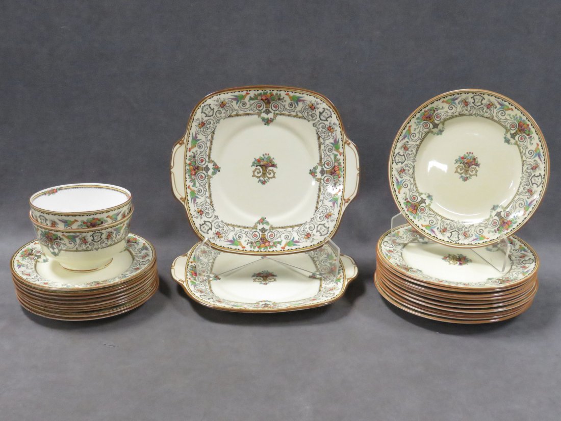 LOT (24) CROWN STAFFORDSHIRE DECORATED PORCELAIN: LOT (24) CROWN STAFFORDSHIRE DECORATED PORCELAIN "RENAISSANCE" DINNERWARE INCLUDING (2) CAKE PLATES, 9 X 10"; (9) PLATES, 7"; (11) PLATES, 8 1/4"; (2) BOWLS, 5"