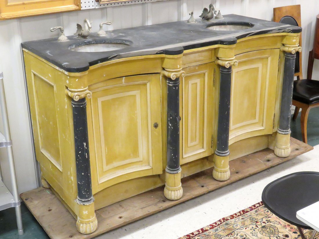 FRENCH STYLE CARVED AND PAINTED BATHROOM VANITY: FRENCH STYLE CARVED AND PAINTED BATHROOM VANITY WITH SLATE TOP, STAINLESS SINKS AND SILVERED SWAN FAUCETS. HEIGHT 37"; WIDTH 66"