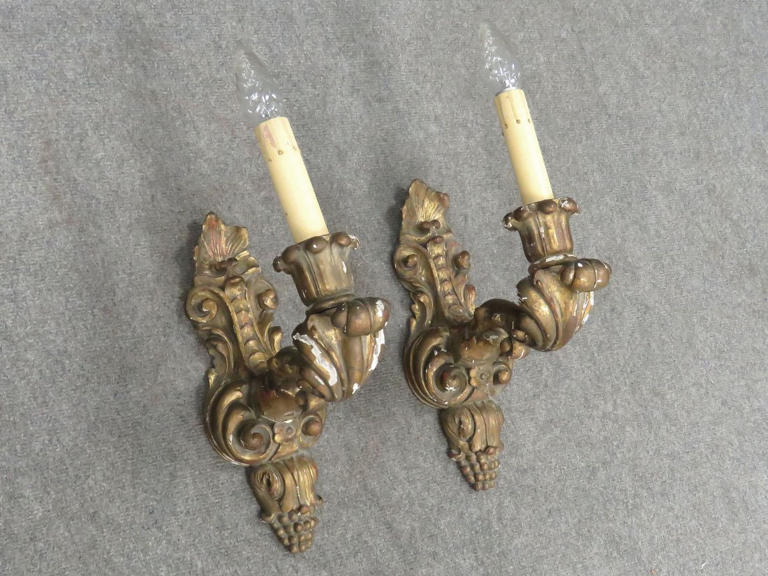 PAIR ITALIAN CARVED AND GILT SCONCES, 19TH CENTURY: PAIR ITALIAN CARVED AND GILT SCONCES, 19TH CENTURY (ELECTRIFIED). HEIGHT 16"