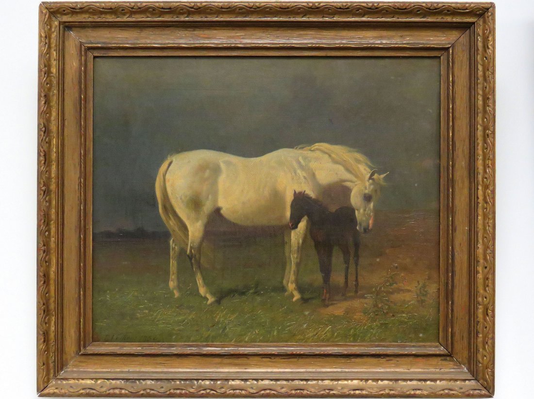 EMIL VOLKERS (1831-1905), OIL ON CANVAS: EMIL VOLKERS (1831-1905), OIL ON CANVAS, MARE AND FOAL, SIGNED 1864. 12 X 14 1/2"; FRAMED 16 X 18"