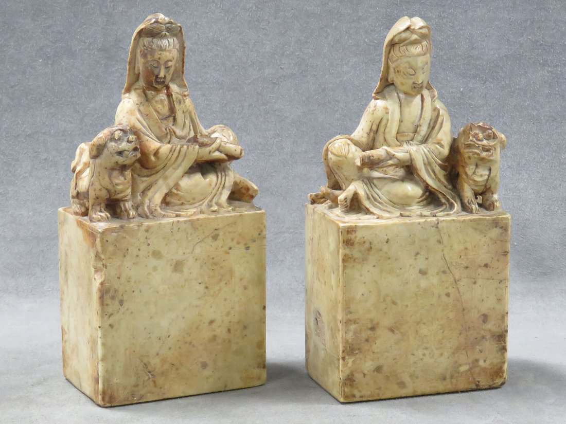 PAIR CHINESE CARVED SOAPSTONE FIGURAL CHOPS: PAIR CHINESE CARVED SOAPSTONE FIGURAL CHOPS. HEIGHT 7 1/2"