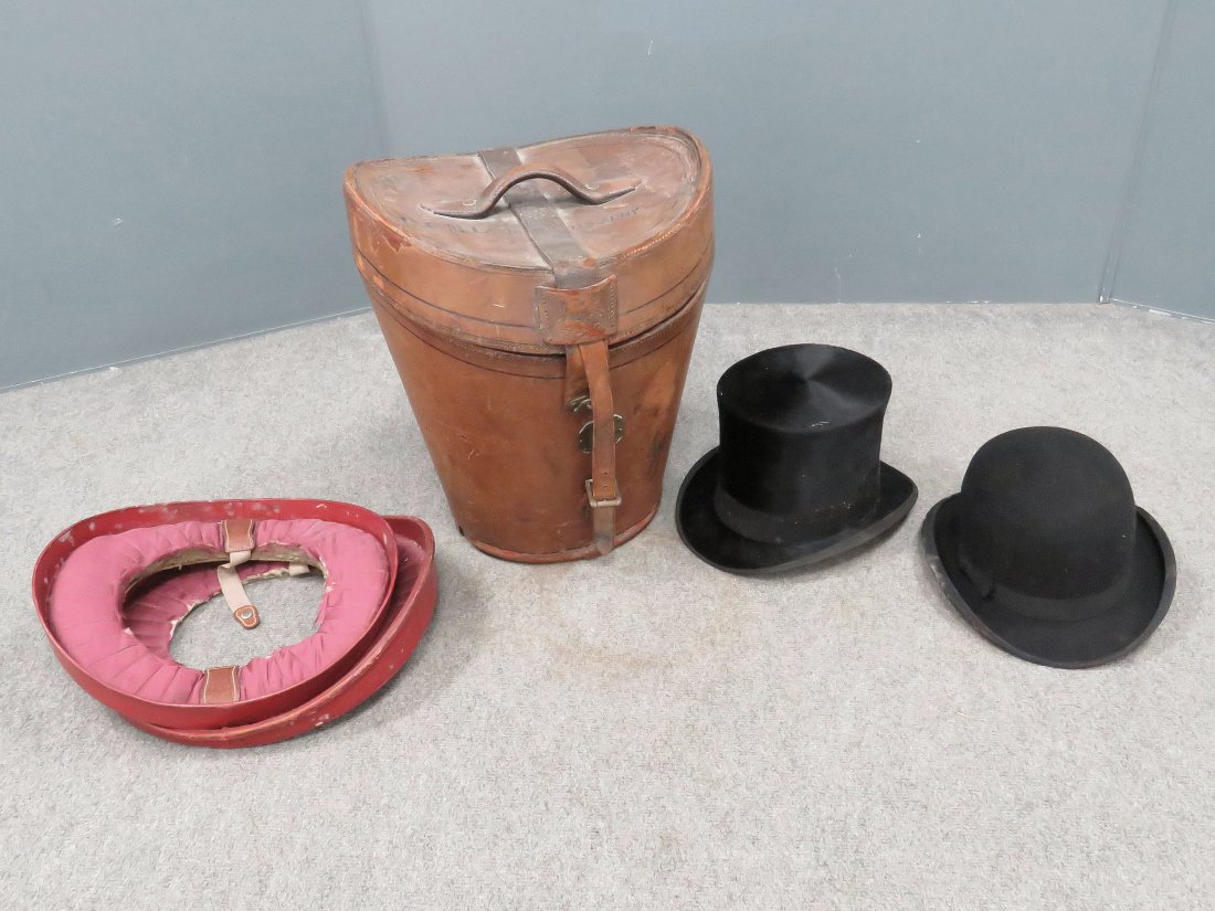 ANTIQUE LEATHER HAT CASE WITH (2) HATS-STOVE PIPE: ANTIQUE LEATHER HAT CASE WITH (2) HATS-STOVE PIPE AND BOWLER, MARKED H.C. MCLEAN, U.S. ARMY. HEIGHT 18"