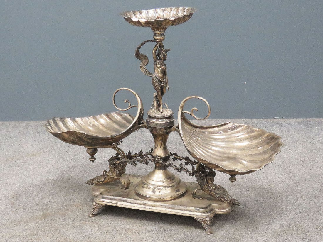 VINTAGE SHEFFIELD SILVER PLATE FIGURAL CENTERPIECE: VINTAGE SHEFFIELD SILVER PLATE FIGURAL CENTER PIECE, HALLMARKED. HEIGHT 19"; WIDTH 24"