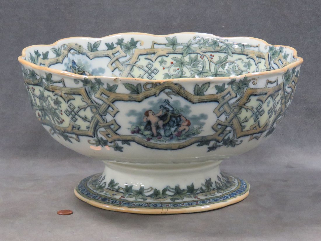 VICTORIAN DECORATED IRONSTONE PUNCH BOWL, SIGNED: VICTORIAN DECORATED IRONSTONE PUNCH BOWL, SIGNED "RUSTIC", FURNIVALS, ENGLAND, 19TH CENTURY. HEIGHT 7"; DIAMETER 14"