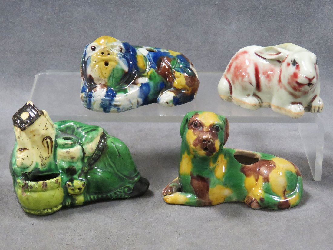 LOT (4) ASSORTED CHINESE WATER DROPPERS: LOT (4) ASSORTED CHINESE 19TH CENTURY DECORATED PORCELAIN FIGURAL WATER DROPPERS INCLUDING RABBIT, LENGTH 3 1/2" (RESTORED); RECUMBENT DOG, LENGTH 4 1/4"; RECLINING FIGURE WITH DOG, LENGTH 4"; RECUMBE