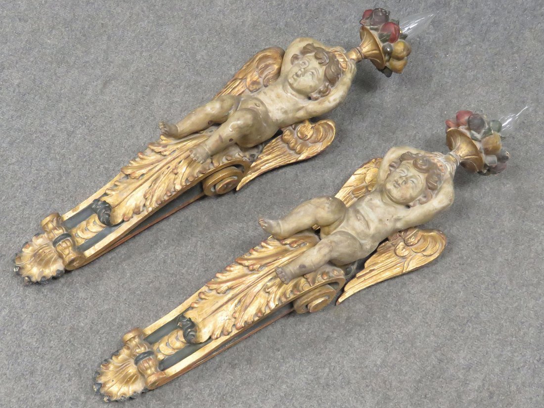 PAIR CARVED, GILT, POLYCHROME ANGELIC SCONCES: PAIR CARVED, GILT, POLYCHROME FOLIATE AND ANGELIC SCONCES, 18/19TH CENTURY (ELECTRIFIED). HEIGHT 27"