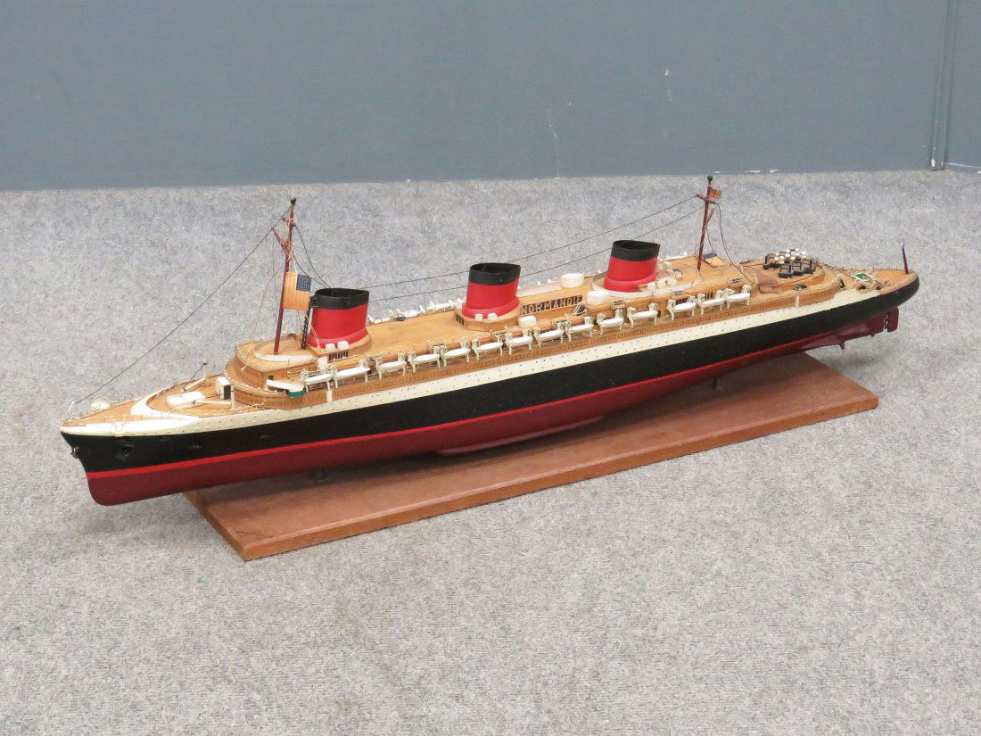 VINTAGE SCALE MODEL WOOD SHIP FRENCH LINE: VINTAGE SCALE MODEL WOOD SHIP FRENCH LINE "S.S. NORMANDIE". LENGTH 32"