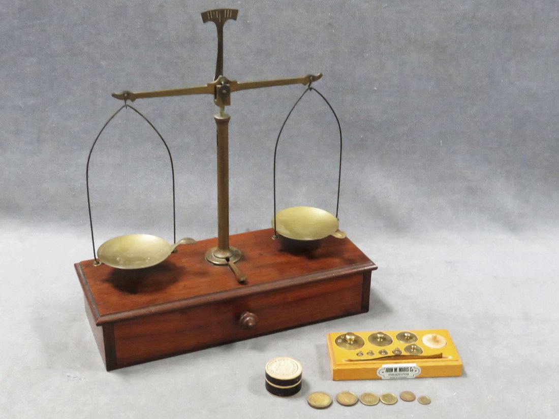 ANTIQUE APOTHECARY BEAM SCALE: ANTIQUE APOTHECARY BEAM SCALE, WITH JOHN MARIS AND HENRY TROEMNER WEIGHT SETS, WITH ORIGINAL BOXES. HEIGHT 12"; WIDTH 11 1/4"