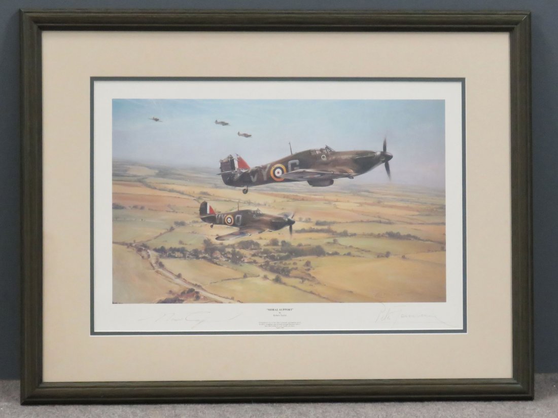 ROBERT TAYLOR (BRITISH 1946-), WWII AVIATION: ROBERT TAYLOR (BRITISH 1946-), WWII AVIATION OFFSET LITHOGRAPH, "MORAL SUPPORT", 85 SQUADRON C.O. S/LDR PETER TOWNSEND ACCOMPANIES ONE OF HIS PILOTS, STRUGGLING TO GET HIS BADLY DAMAGED HURRICANE BACK