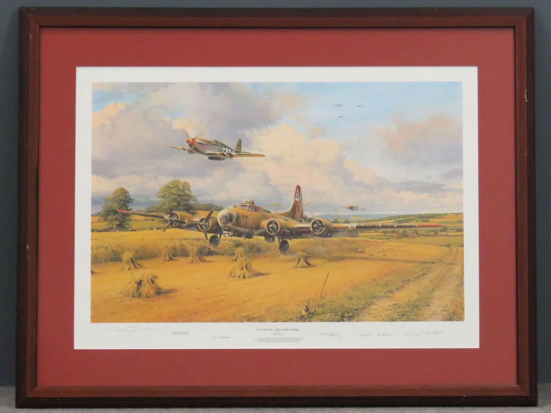 ROBERT TAYLOR (BRITISH 1946-), WWII AVIATION: ROBERT TAYLOR (BRITISH 1946-), WWII AVIATION OFFSET LITHOGRAPH, "OUT OF FUEL AND SAFELY HOME"-B-17 FORTRESS CRASH LANDS IN BRITISH CORNFIELD, ARTIST SIGNED AND (5) MEMBERS OF BOMBER CREW, #383/1250, 1